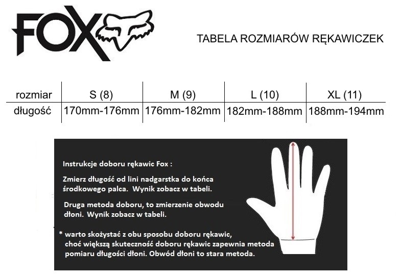 tabela rozmiarów Fox Gloves